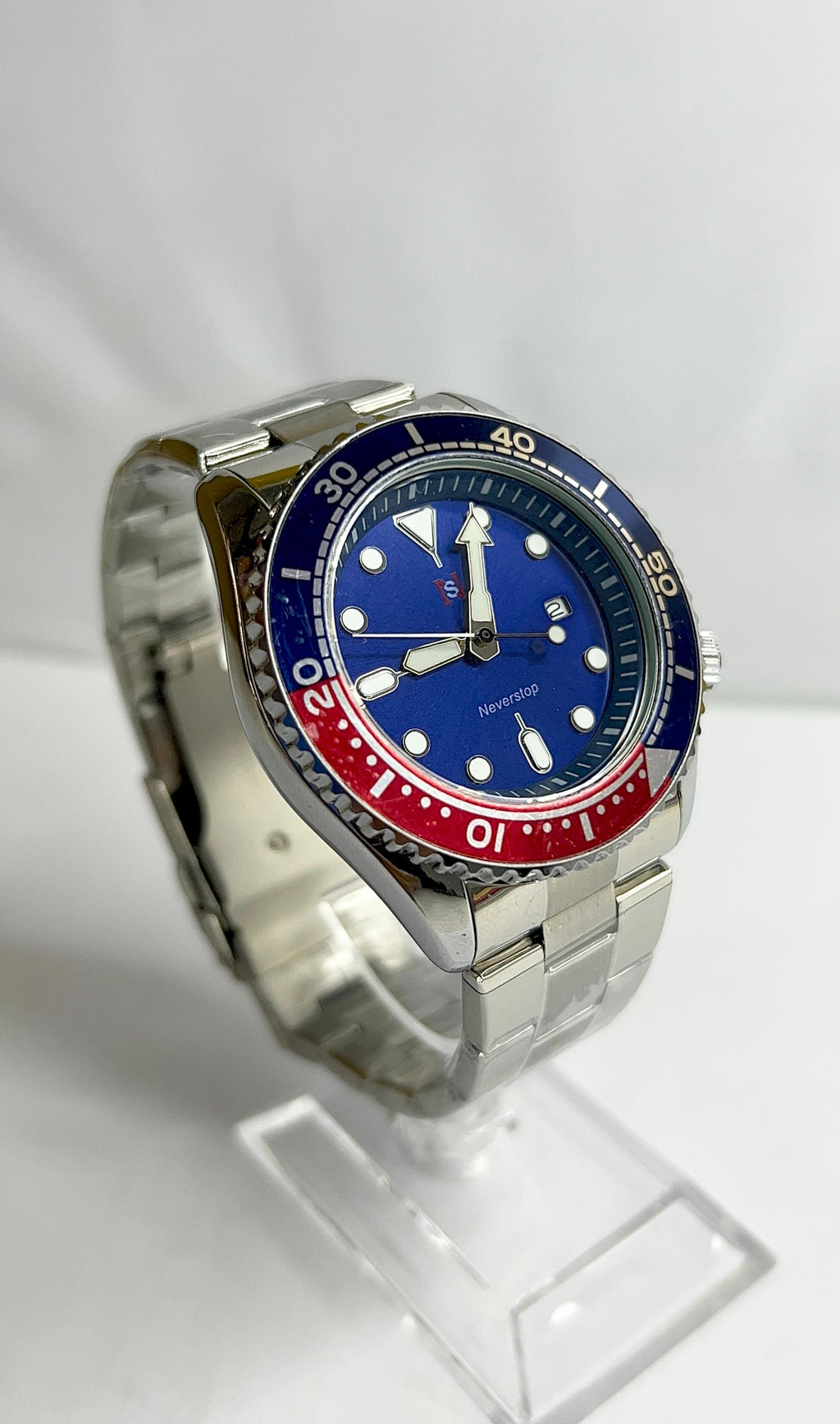 NeverStop N980 Men's Stainless Steel Watch – Blue Dial & Pepsi Bezel