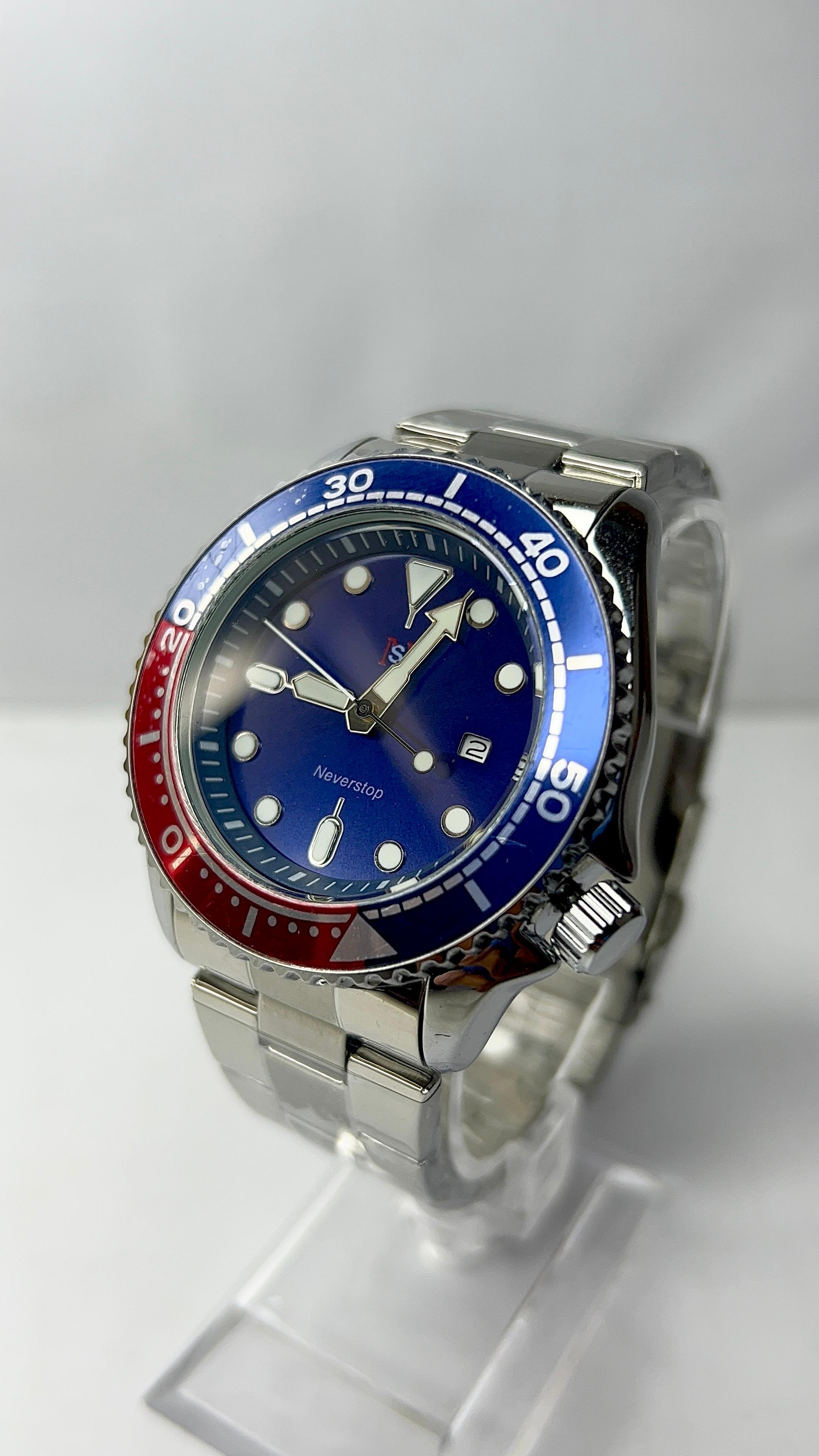 NeverStop N980 Men's Stainless Steel Watch – Blue Dial & Pepsi Bezel