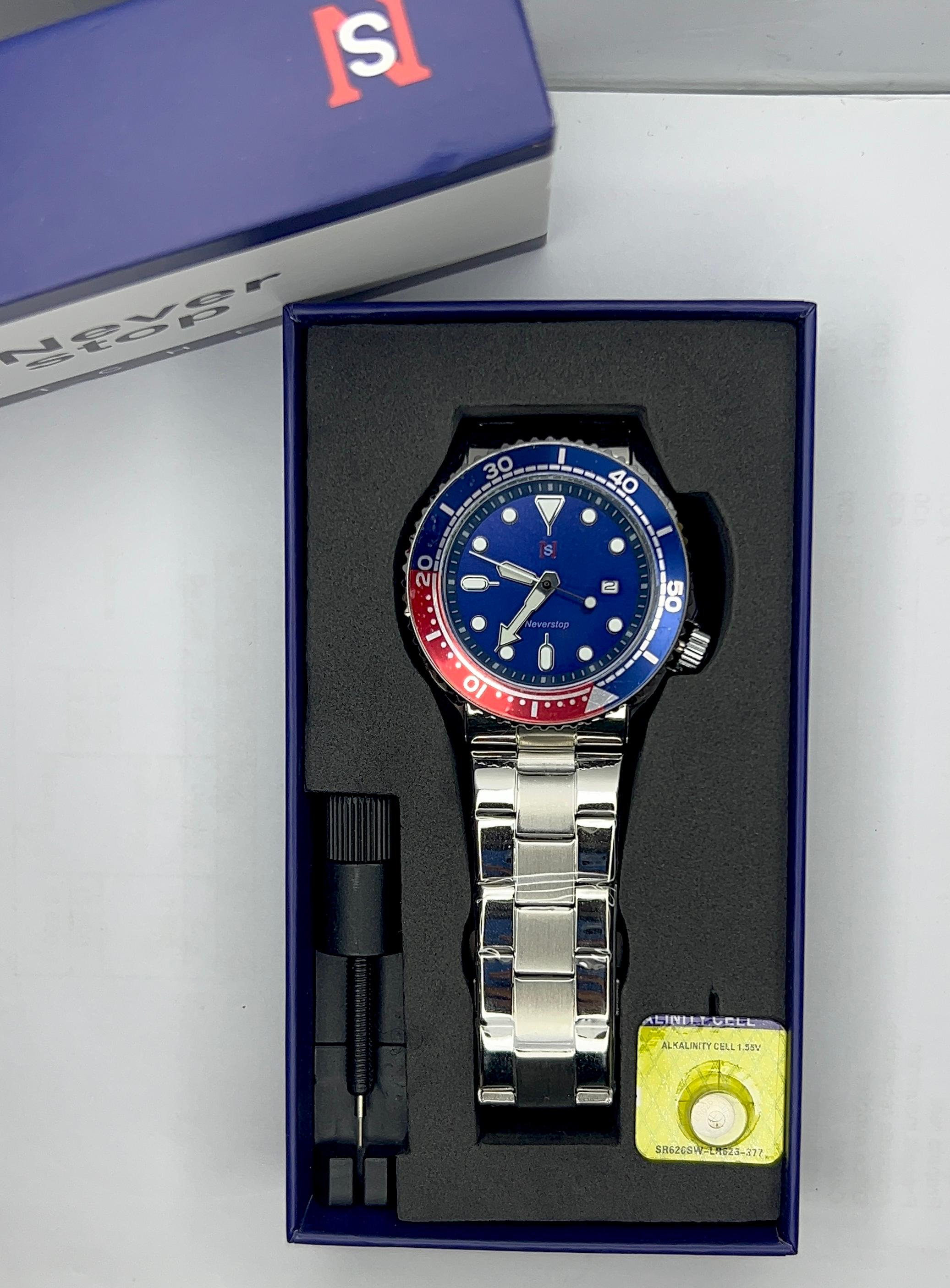NeverStop N980 Men's Stainless Steel Watch – Blue Dial & Pepsi Bezel