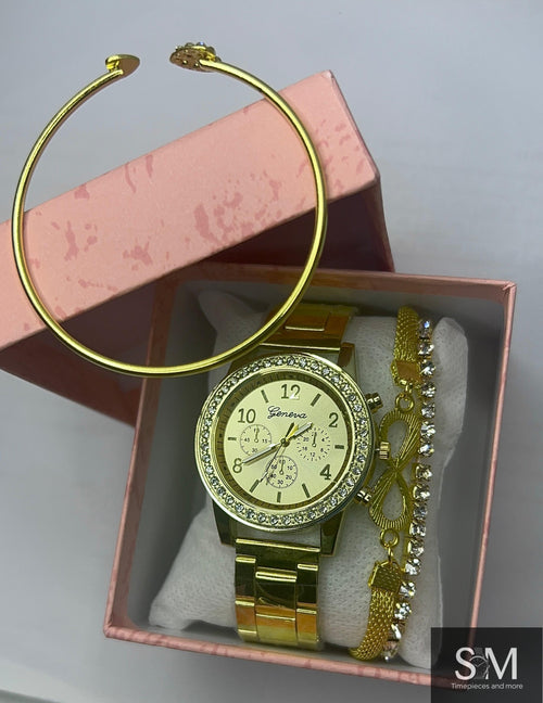 Geneva Elegant Gold Crystal Watch & Bracelet Gift Set