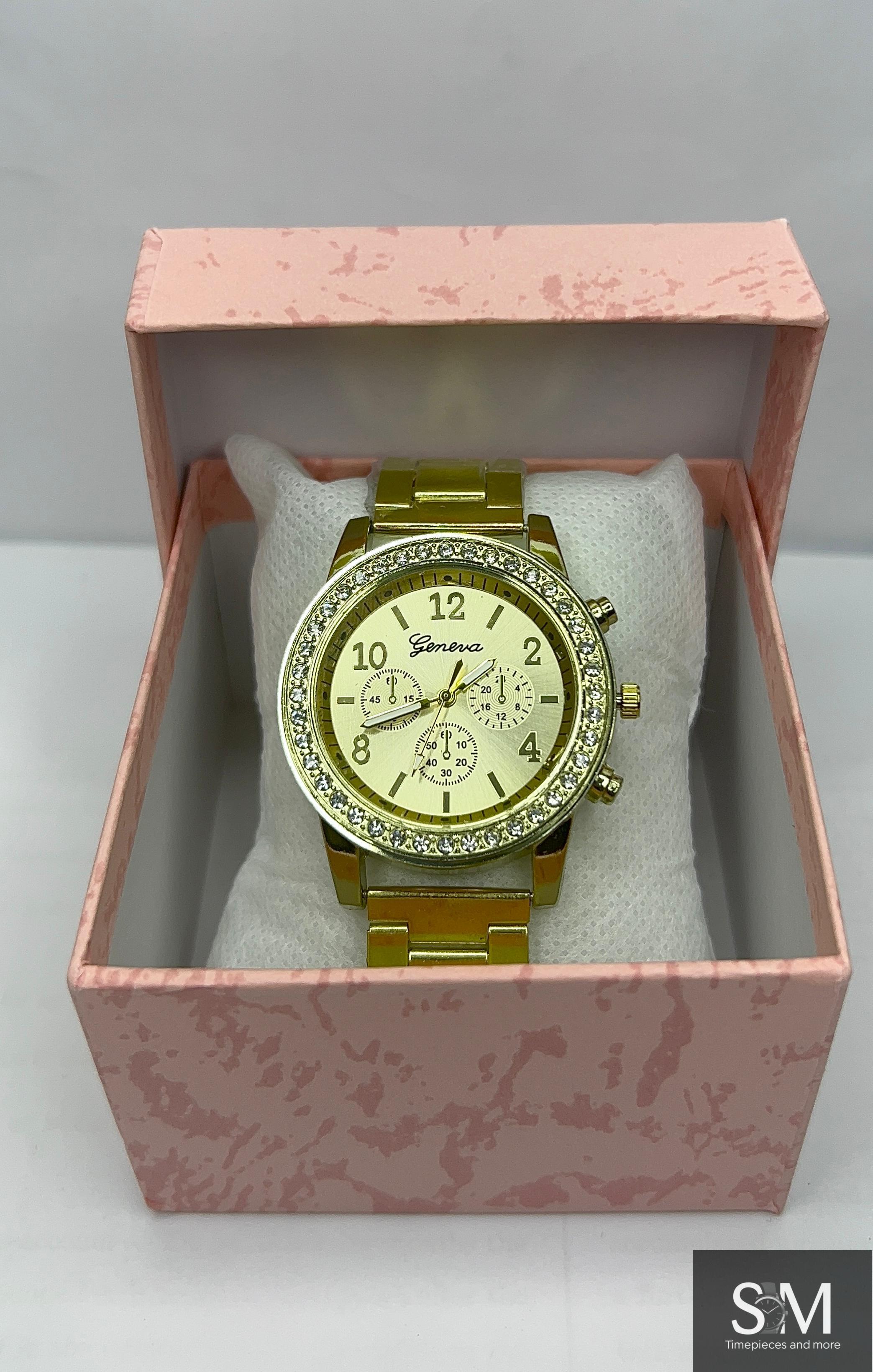 Geneva Elegant Gold Crystal Watch & Bracelet Gift Set