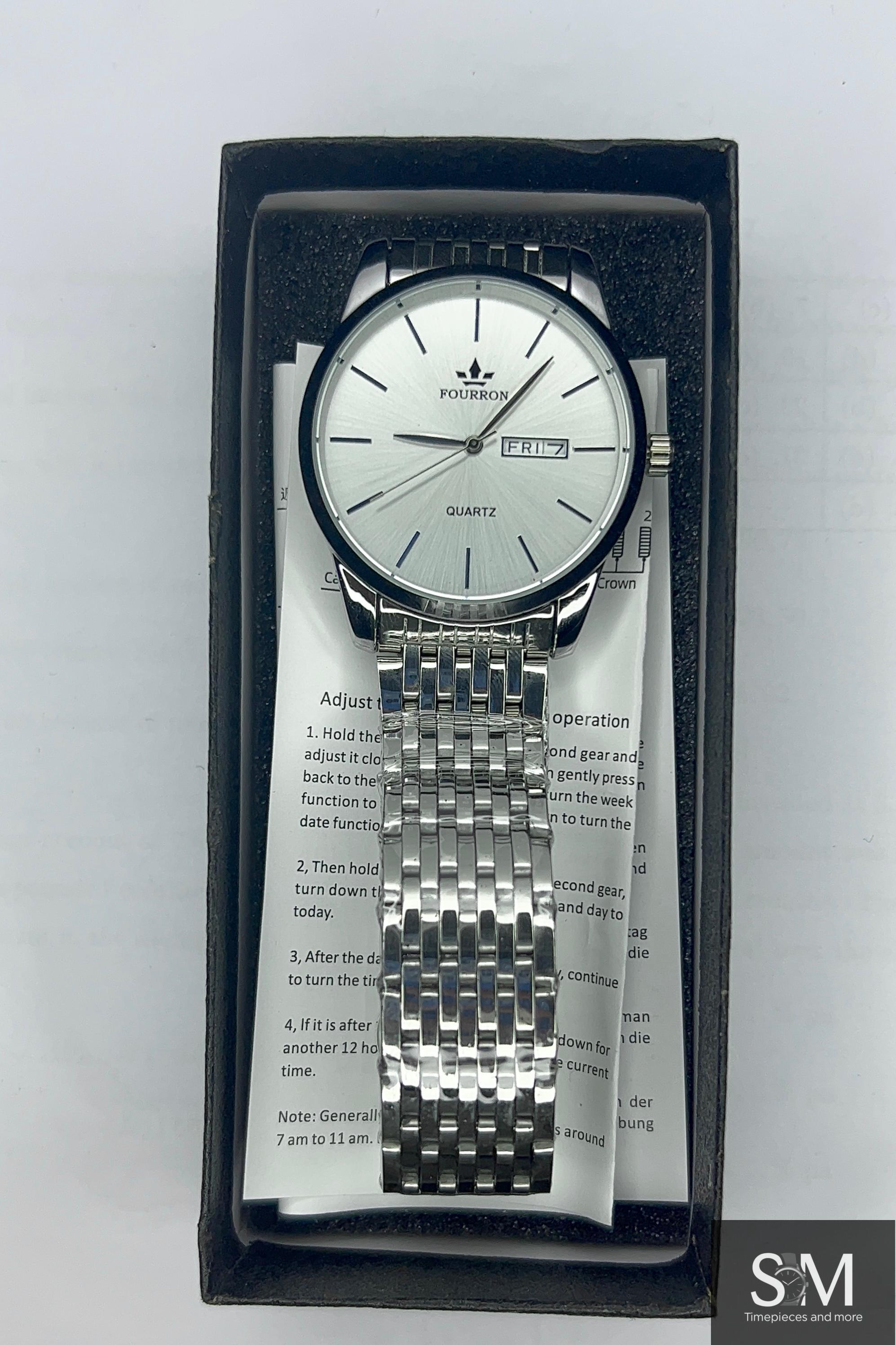 Fourron Classic Quartz Day-Date Watch Box Set – Silver Dial